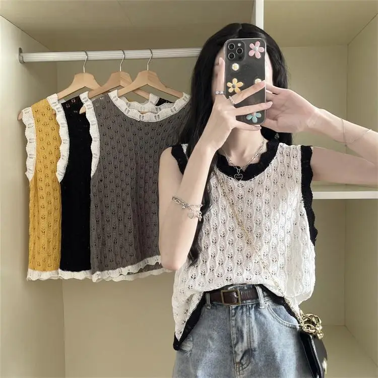 

Повседневный вязаный свитер в корейском стиле, лето 2025, черно-белый, с контрастными цветами, ажурный, с круглым вырезом, для женщин