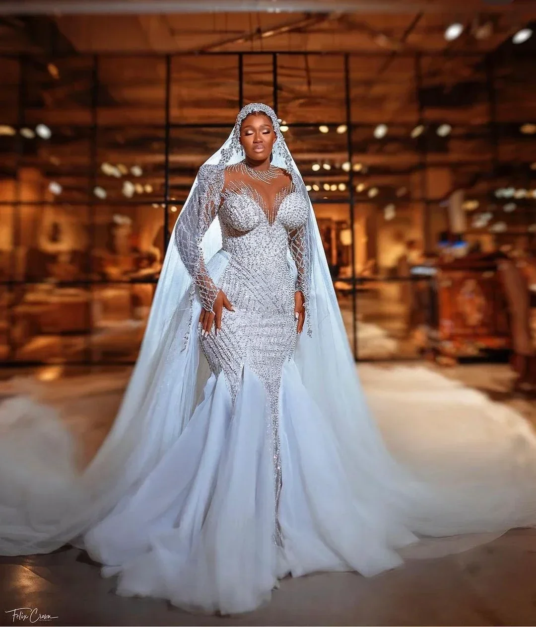 

Customized Luxury Mermaid Wedding Dresses Black Girls Jewel Crystal Beading Ruffles Train Bride Gowns Vestidos De