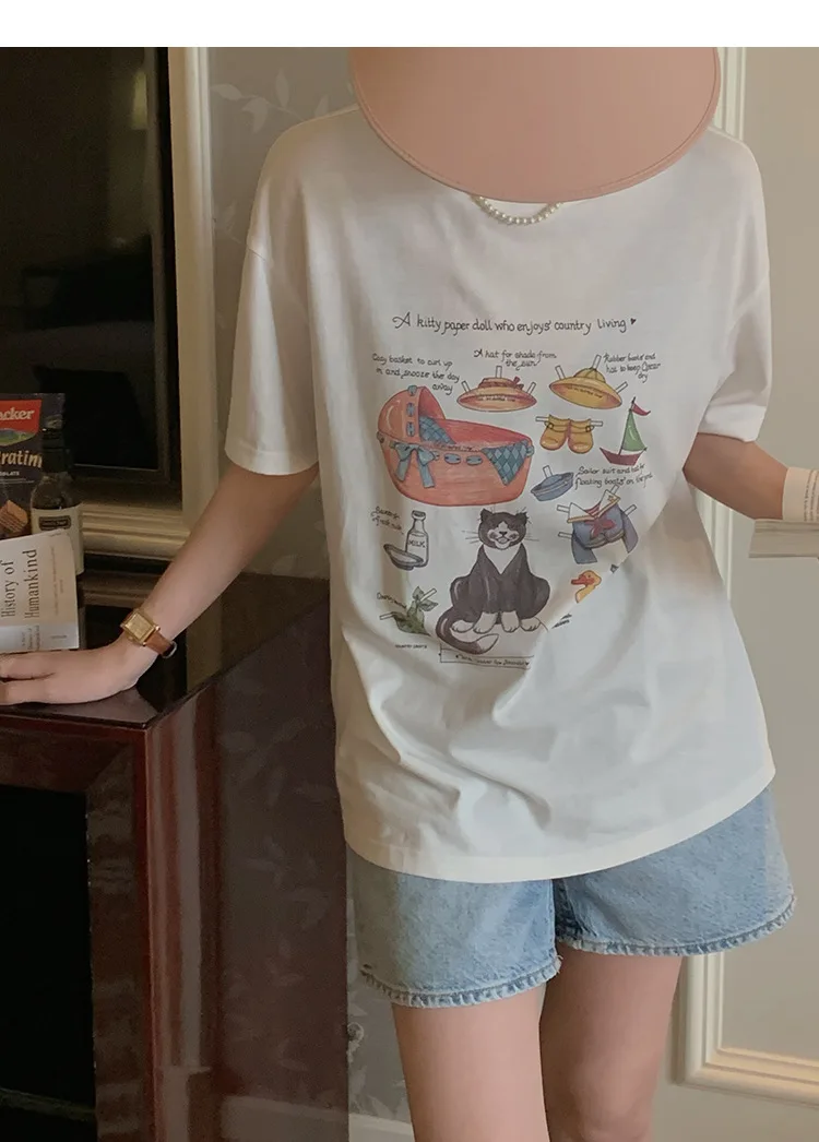 2022  Kitten Paper Doll Printed Women Summer Casual T shirts White Cotton Loose Short Sleeve Tops Female Basic Tees