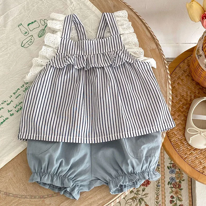 2025 New Summer Korean Style Newborn Baby Girls Clothing Set Sleeveless Cotton Striped Vest+Shorts 0-3Yrs Children Clothes Suit