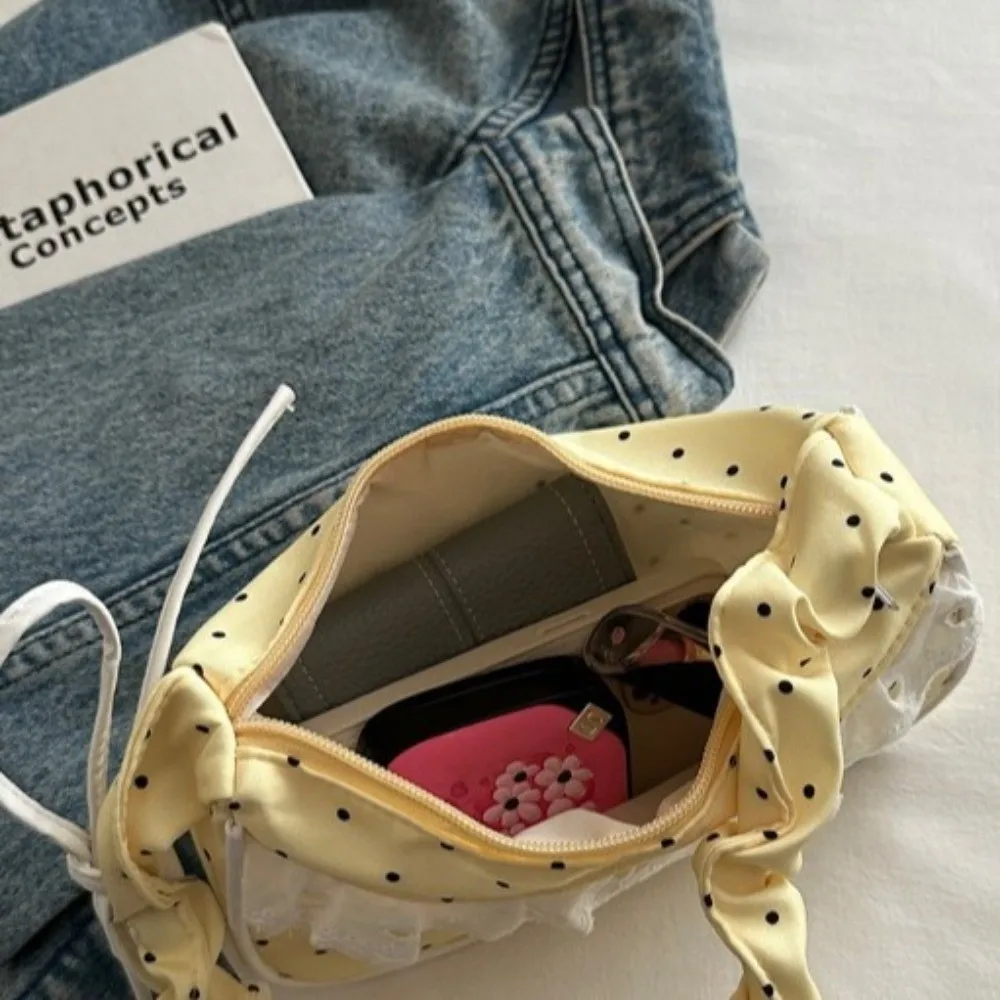 Lace Polka Dot Shoulder Bag Drawstring Large Capacity Pleated Underarm Bag Zipper Closure Polyester French Stick Handbag School