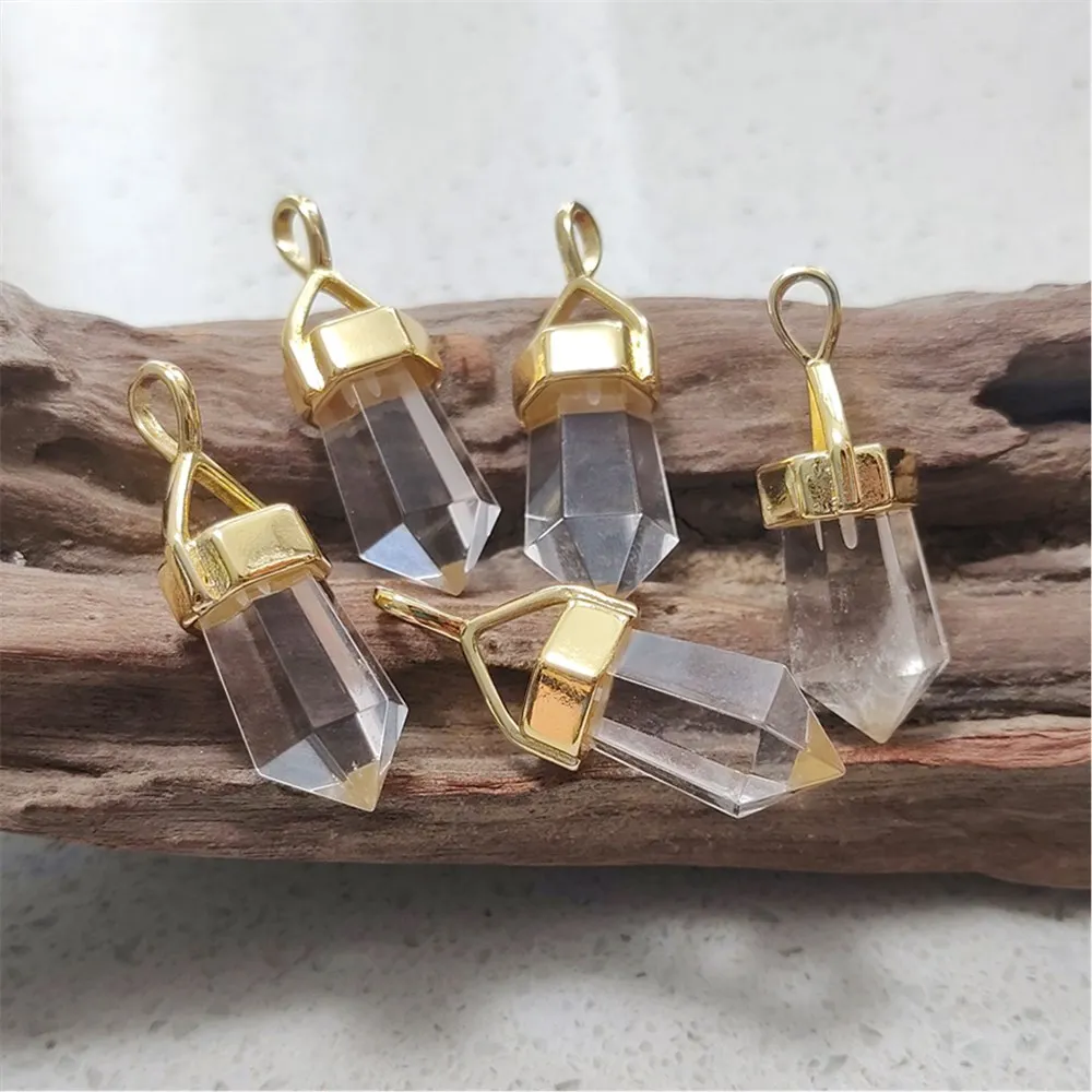 FUWO 1Pcs Natural Clear Quartz Point Pendant,Handmade Faceted Accessories For Women Jewelry Making PD005