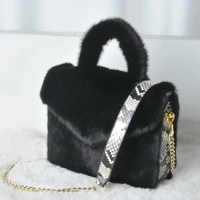 New Luxury Whole Mink Leather Handbag, Cowhide Snake Design Chain Crossbody Bag, Classic Soft Handle Furry Wrist Bag