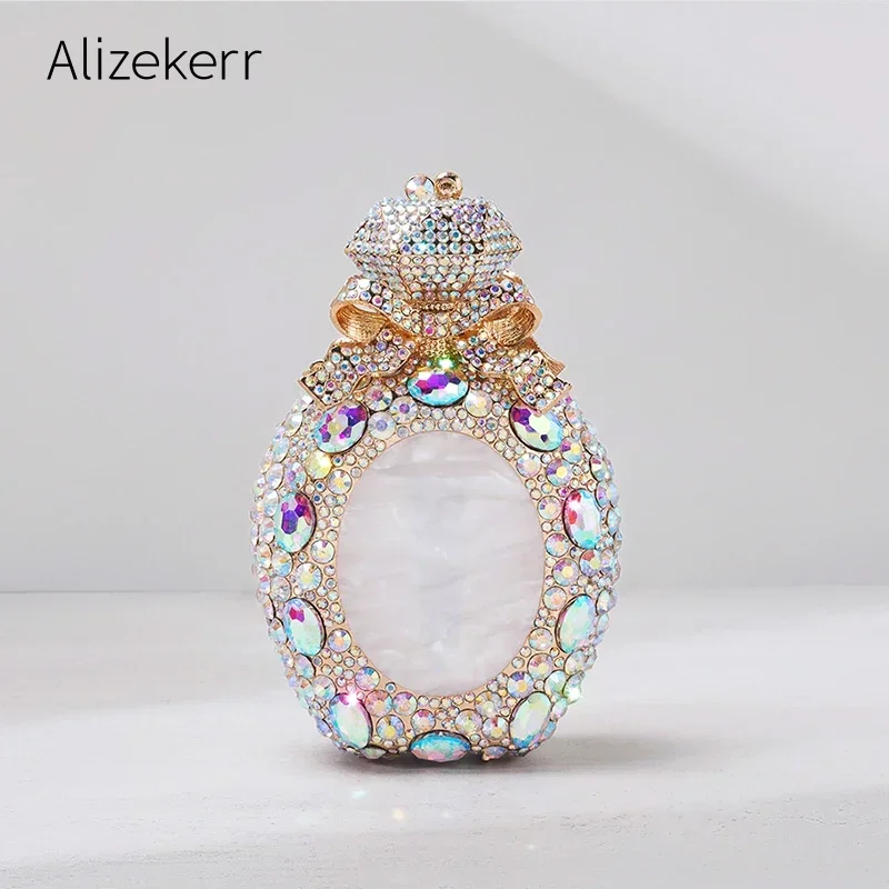 Alizekerr Perfume Bottle Shaped Crystal Evening Bags Women Boutique Diamond Bow Metal Clutch Purses And Handbags Wedding Party