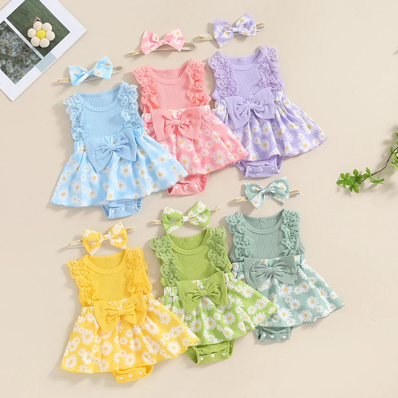 

Toddler Baby Girl Summer Jumpsuit Daisy Print Cute Bow Sleeveless Romper Dress and Headband Set Cute Fashion Clothes Outfits