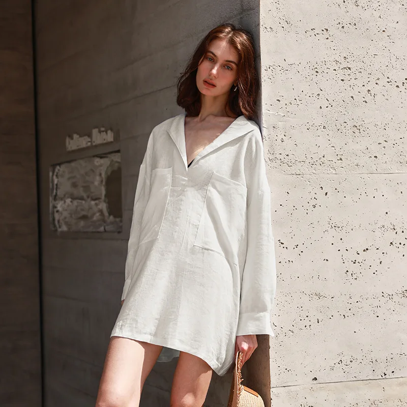 فستان قميص كتان عتيق 100% للنساء بياقة على شكل v وأكمام طويلة مع جيوب لون أبيض غير رسمي فضفاض ملابس خروج قصيرة