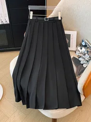 A-line High Waist Women Cozy Long Skirts 2024 Autumn Coquette New Solid Color With Belt Pleated Skirt Preppy Style Sweet Fashion