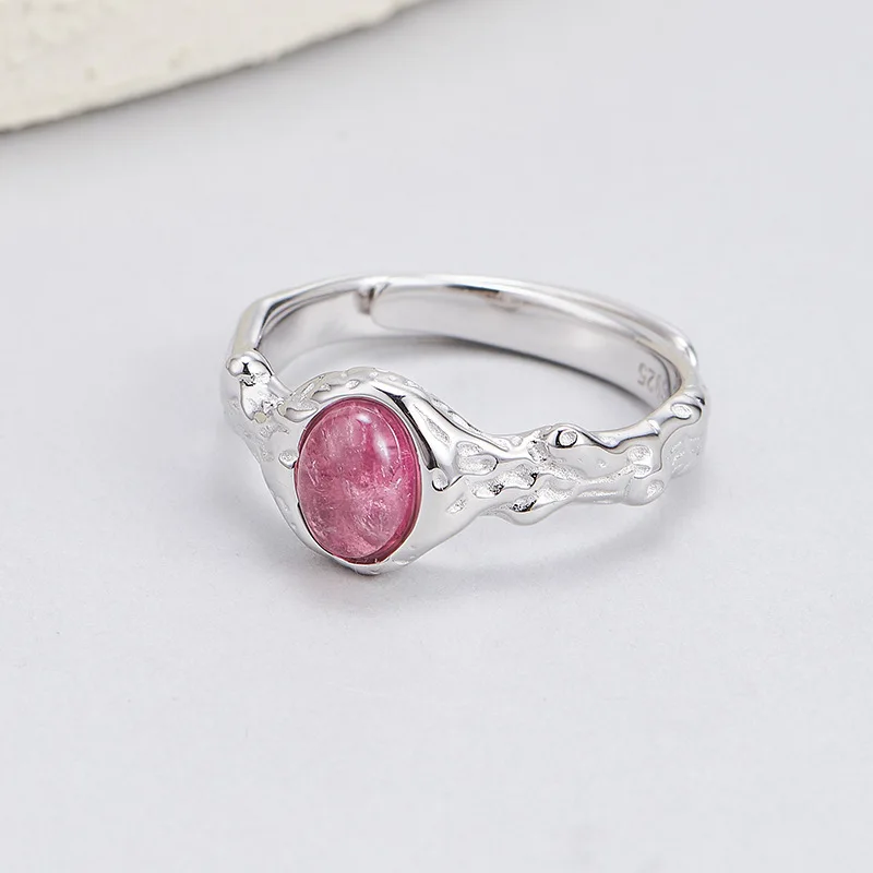 S925 Sterling Silver Rings for Women Men Cold Style Texture Pattern Natural Tourmaline Rose Quartz Fashion Jewelry Wholesale