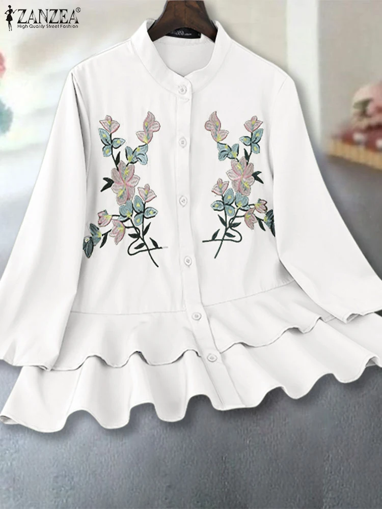 

ZANZEA 2024 Осенняя двухслойная Туника женская блузка с цветочной вышивкой Модная рубашка с рукавом 3/4 и оборками повседневные свободные топы на пуговицах