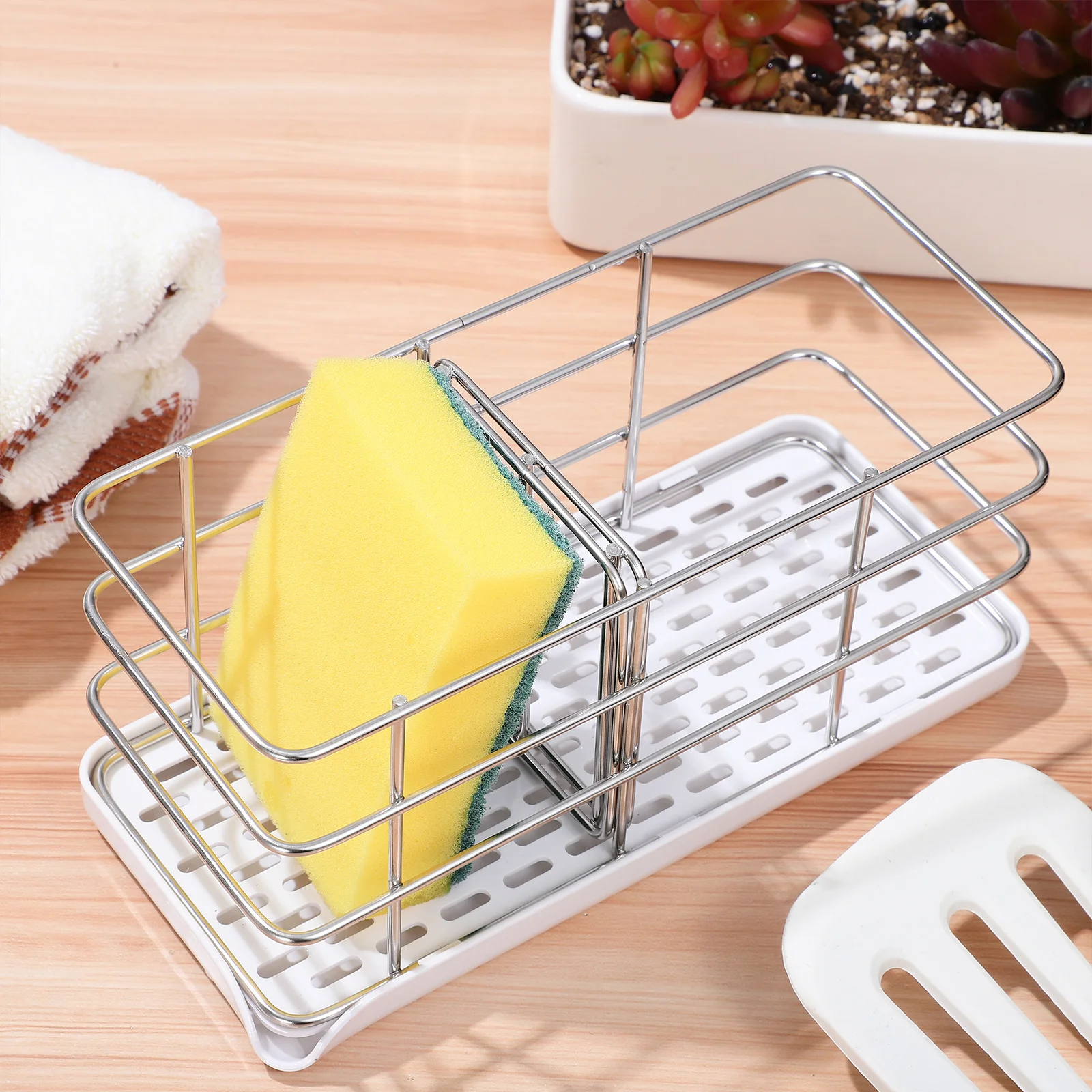 

Kitchen Sponge Holder Stainless Steel Sink Tray Drainer Rack Organizer with Tray Multifunctional Kitchen Storage