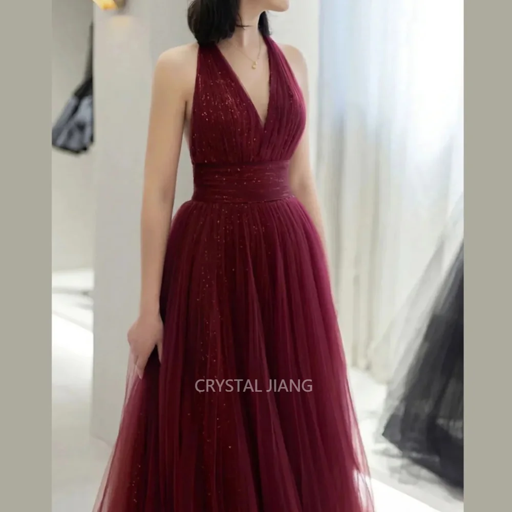 

Classy Long Shiny Burgundy V Neck Tulle Evening Dresses Sleeveless Backless A Line Floor Length فساتين سهره for Women