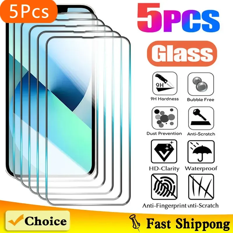 5pcs Screen Protector Protective Glass For iPhone 15 Pro Max 14 13 12 11 7 8 Plus iphone X XR XS Max Mini Full Tempered Glass