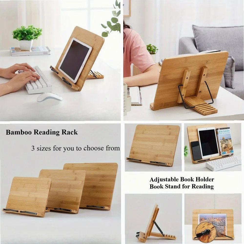 

Book Stand for Reading Adjustable Book Holder with Elastic Page Clips Foldable Desktop Riser Stand Bamboo Reading Rack
