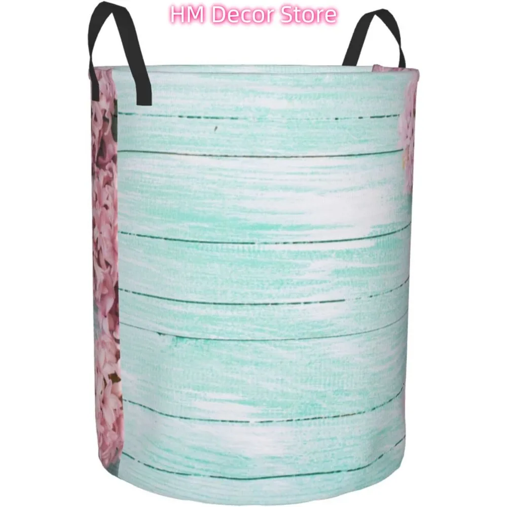 Pink Hyacinth Flowers on Turquoise Boards Laundry Basket with Handle Waterproof Collapsible Cloth Hamper Round Storage Basket fo