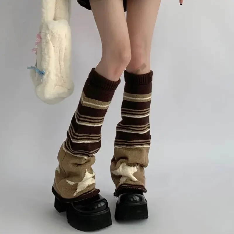 Calcetines de estrella a rayas negras y grises, medias cálidas de moda Punk, informales, de punto, manga hasta la rodilla, estilo gótico japonés Y2k, Otoño e Invierno