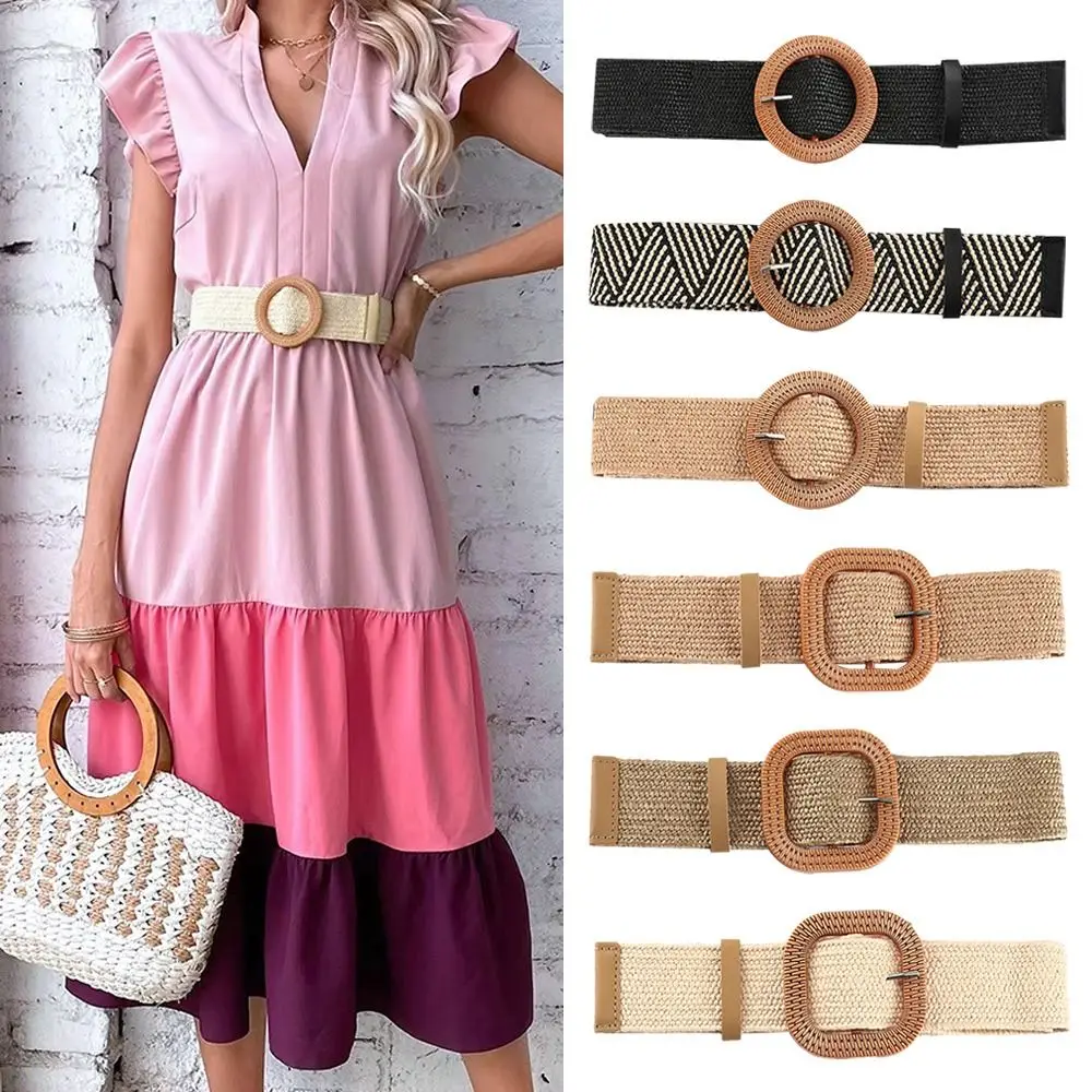 

Elastic Female Straw Waist Belt Women Straw Belt Casual Bohemian Wide Summer Braided Waistbelt Buckle