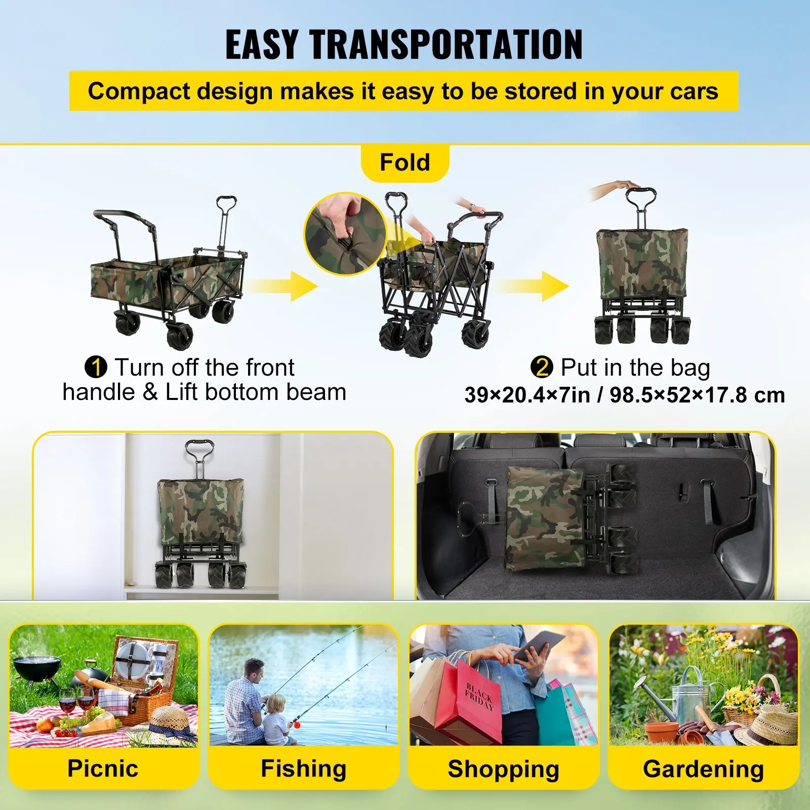 Foldable Folding Cart with Removable Canopy, Heavy Duty Foldable Cart, ATV for Garden, Camping, Grocery Cart, Camo with Wheels and Rear Storage