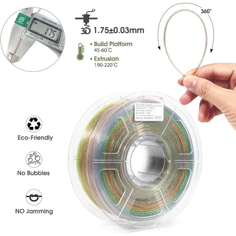 Glitter Rainbow PLA Filament 1.75mm,Transparent Rainbow Filament with Silver Glitter,Transparent Multicolor Filament,1KG/Spool