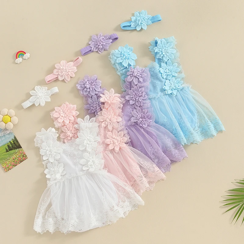 0-18M Infant Baby Girls Princess Romper Dress Summer Sleeveless Square Neck Floral Lace Bodysuits with Headband Sets Outfits