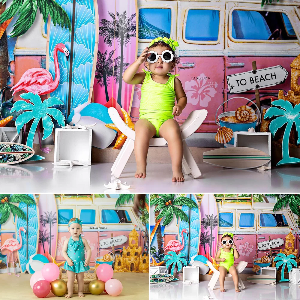 

Summer Seaside Dessert Truck Photography Backdrop Surfboard Seashell Palm Trees Blue Sea Background Kids Cake Smash Photo Studio