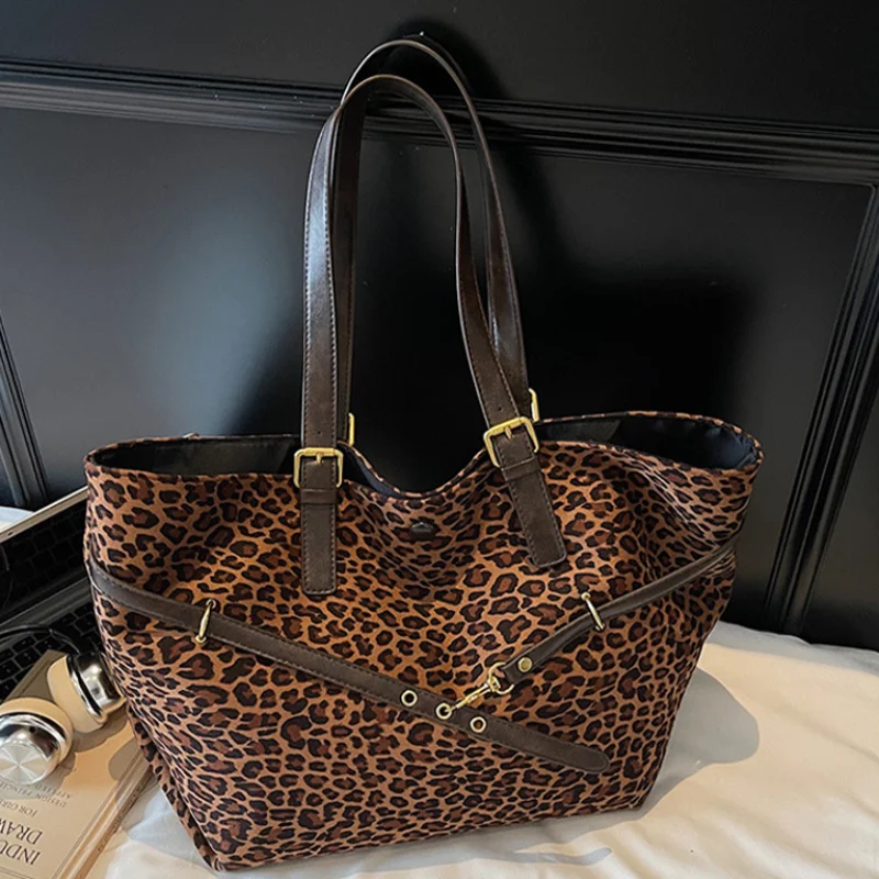 

Leopard Print Women Canvas Bag Fashion Versatile Retro Casual Shoulder Bag High-end Texture Large Capacity Tote Bag Storage Bag