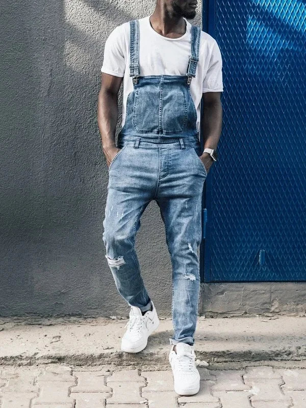 

Men New Jumpsuits Pencil Jean Denim Overalls Ankle Length Ripped Holes Distressed Skinny Spliced Pockets Casual High Waist