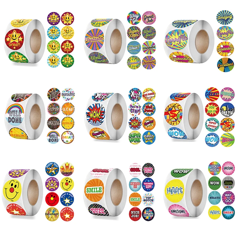 500 Buah Stiker Hadiah Kartun Inggris Gulung 1 Inci Label Segel Kata Lucu untuk Hadiah Sekolah Mainan Hadiah Anak-anak Stiker Hias