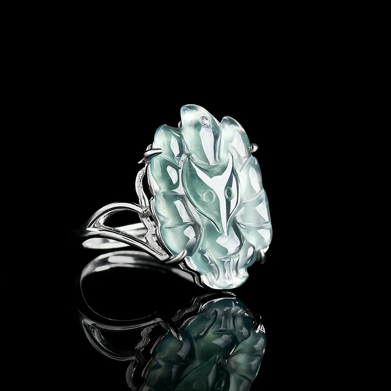 S925 Silver Inlaid Natural A-grade Jade Blue Water Nine Tailed Fox Ring Ice Jade Fashionable Jewelry For Women's Gift Adjustable