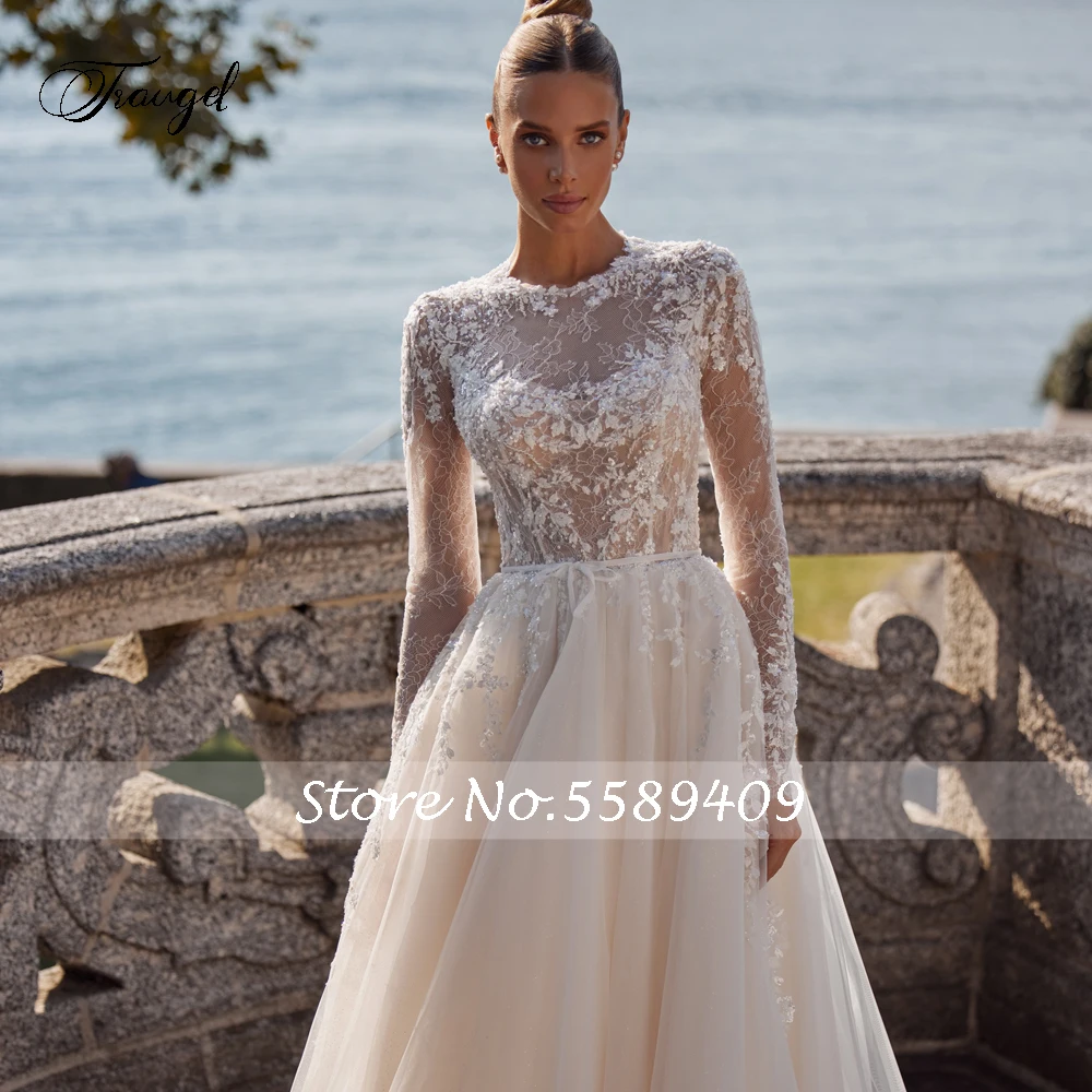 Customized Sexy Illusion Long Sleeve Vintage Wedding Dresses Delicate Scoop Neck Appliques Beaded Court Train A Line Bridal Gown