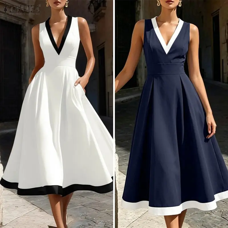 ZANZEA Elegant V Neck Sleeveless Party Dress Women Summer Patchwork Sundress Stylish Waisted A Line Dresses Holiday Midi Robe