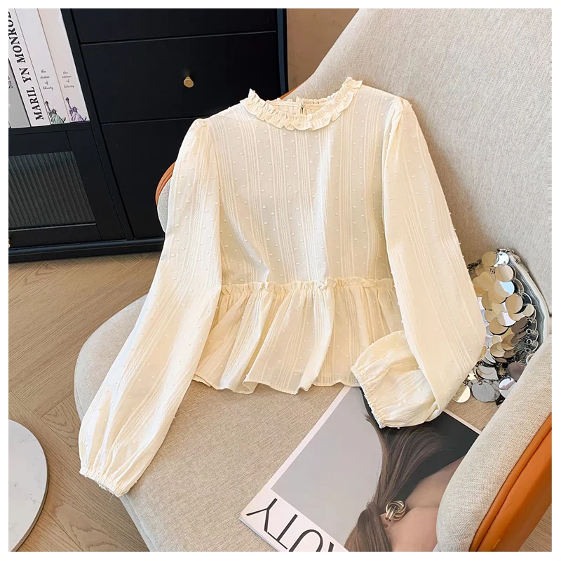 Women’s Autumn Clothes Top France Style Princess Long Sleeve Pleated Folds Ruffled Collar Sweet Pullover Fall Blouse Tops Shirt