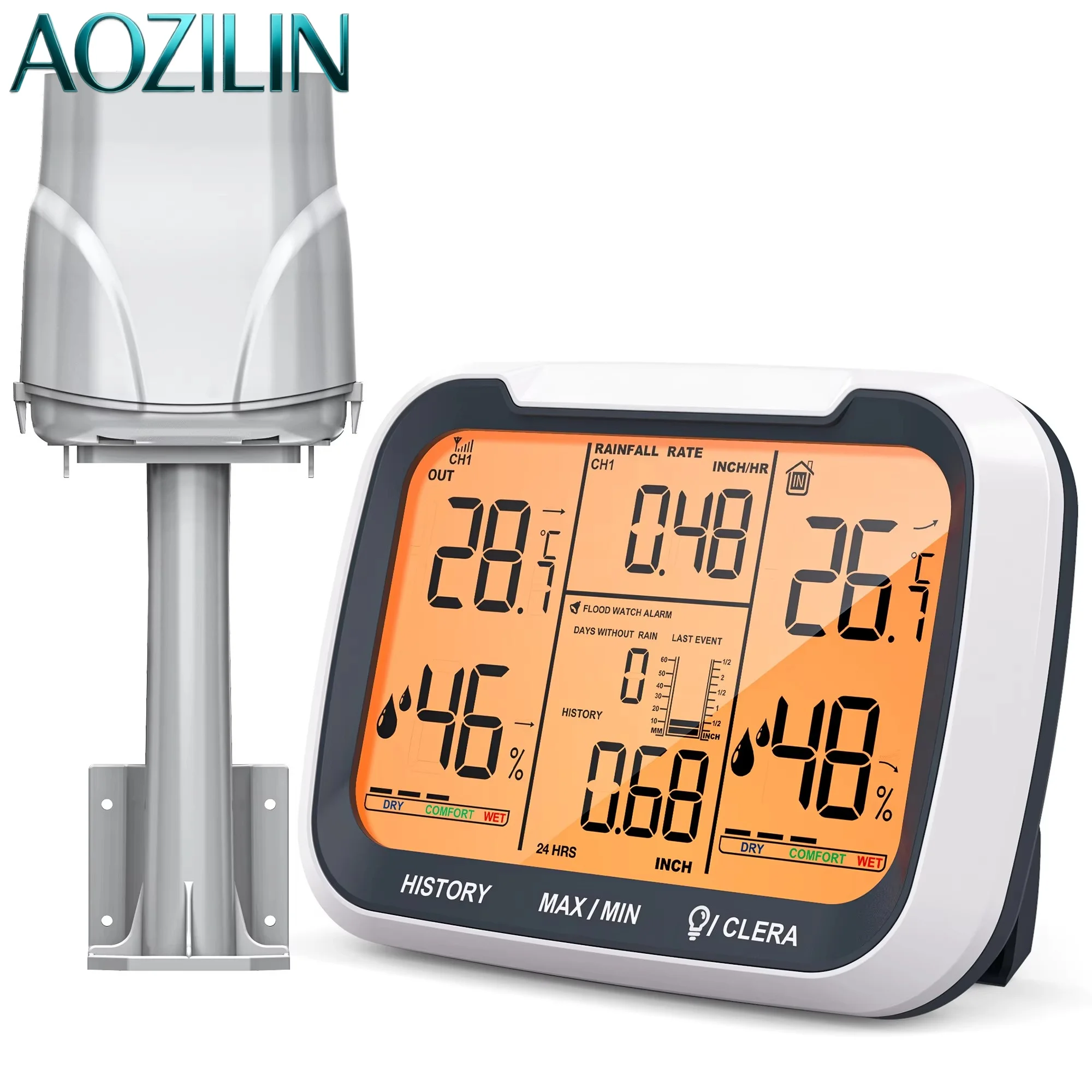 AOZILIN Rain Gauge Weather Station Rainfall Monitor Indoor Outdoor Temperature Humidity Detection Sensor