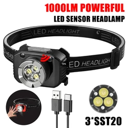 Powerful 3LED Motion Sensor Headlamp Rechargeable Head Flashlight Built In Battery Outdoor Portable Camping Fishing Headlight