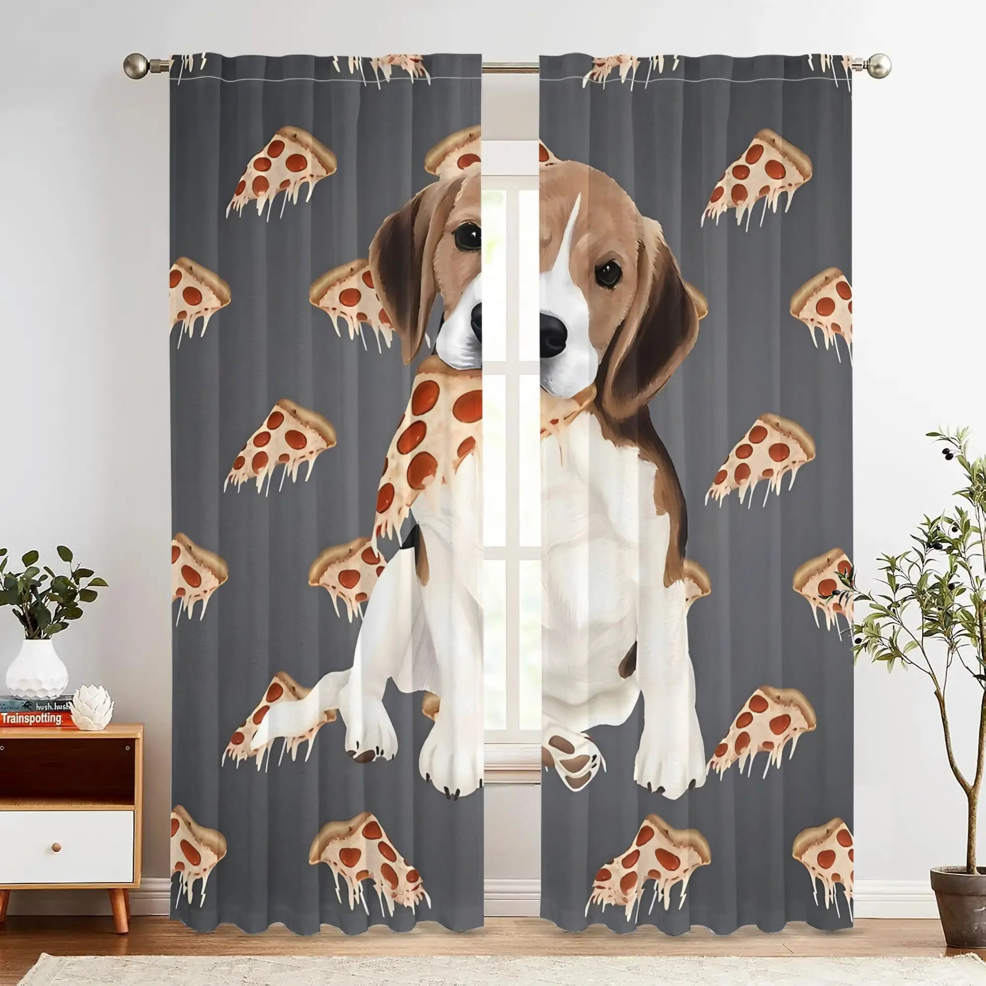Funny Beagle Dog Print Curtains, Cute Pizza Pattern Drapes, Novelty Pet Lover Window Treatment Kitchen Home Decor