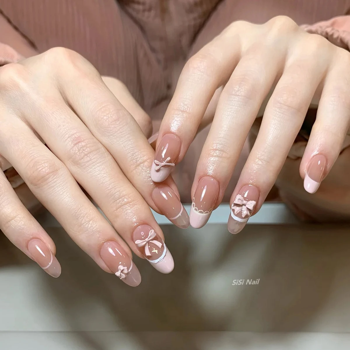 

10pcs Handmade Oval French Pink Press on Nail Shiny Cat Eye Sweet Cute 3D Bowknot Design False Nails Wearable Nail Tips For Girl
