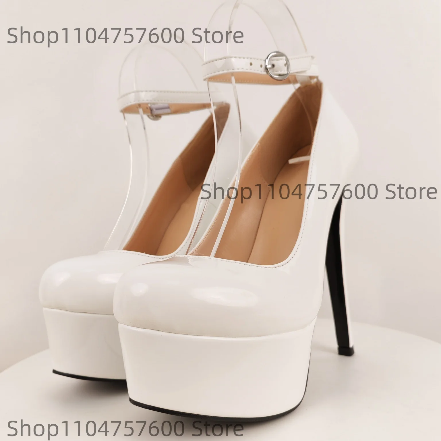 

Women's White Mary Jane Shoes Round Toe Thick Sole Stiletto Heels Buckle Elegant Stage Simple Design Large Size Lady Single Shoe
