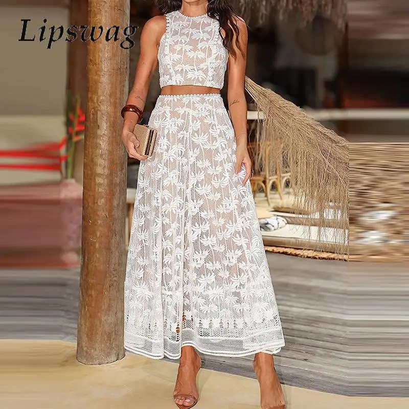 2025 Solid Embroidery Two Piece Dresses Suit Lace Vacation Outfit Summer Fashion O-Neck Sleeveless Tops&Long Skirts Set Women