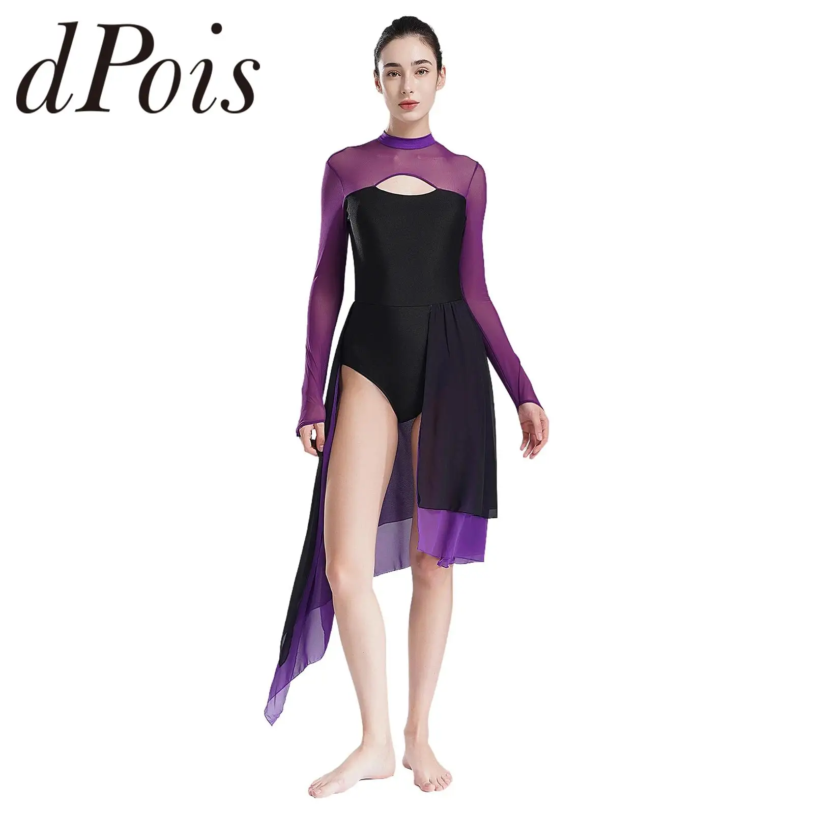 Women's Mesh Long Sleeve Figure Skating Bodysuit Dress Backless LeotardBallet Dress Modern Contemporary Lyrical Dancewear