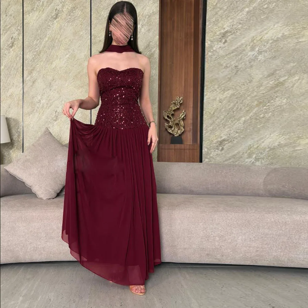 

Customized Burgundy Evening Dresses with Sequin Top Sweetheart A Line Chiffon Maxi Dress 2025 Boho Summer Dress with Shawl