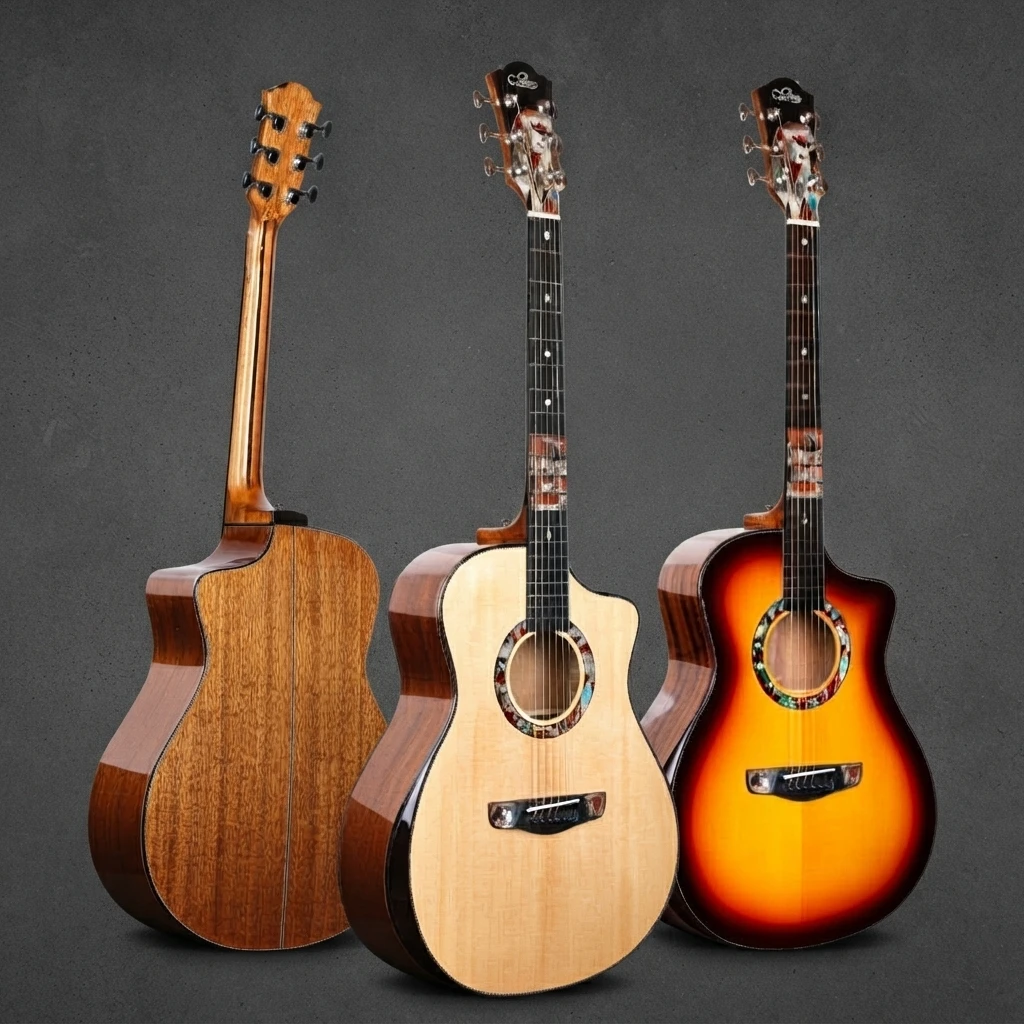 Colorful Rosette Inlay Guitar, Cutaway Acoustic Folk Style, Solid Top, Gloss Finish, Chrome Tuners, 6 Strings for Practice