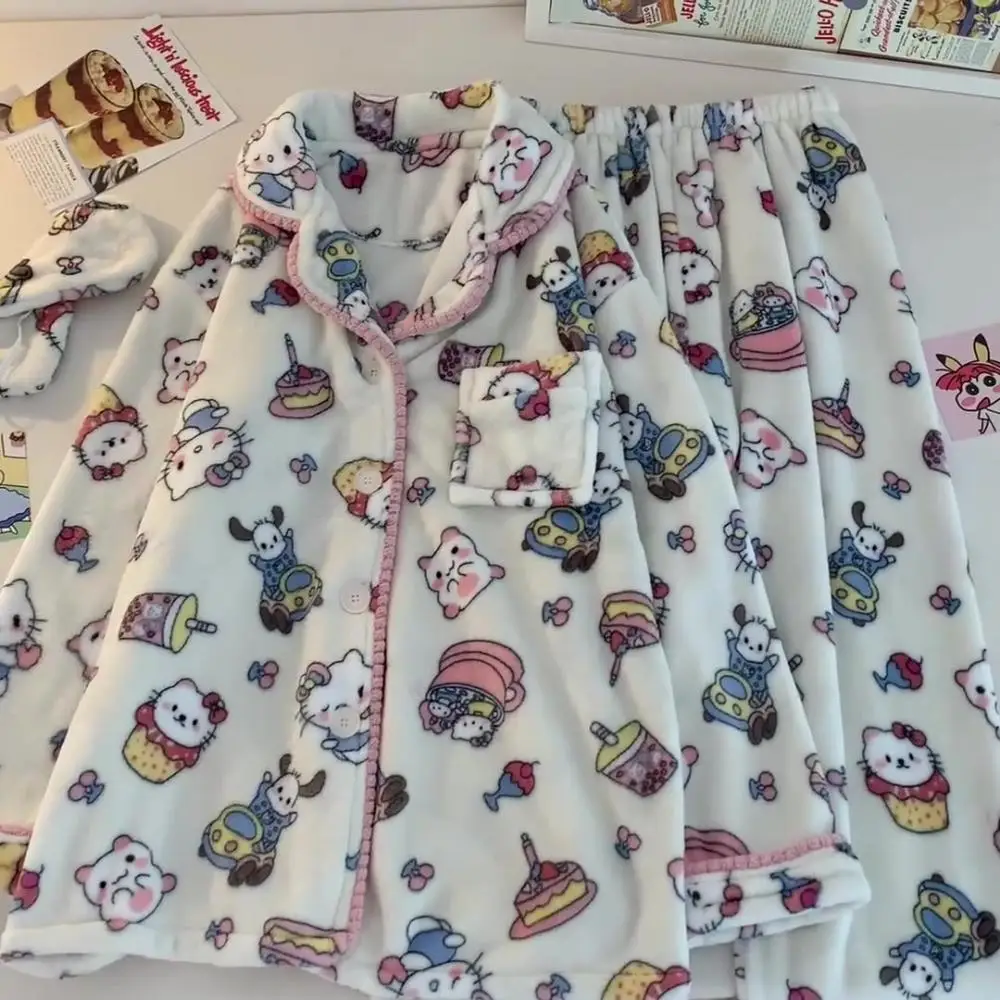 

2Pcs Hello Kitty Women Plush Pajamas Set Sanrio Girls Thickened Home Clothes Cute My Melody Winter Cartoon Kawaii Warm Nightwear