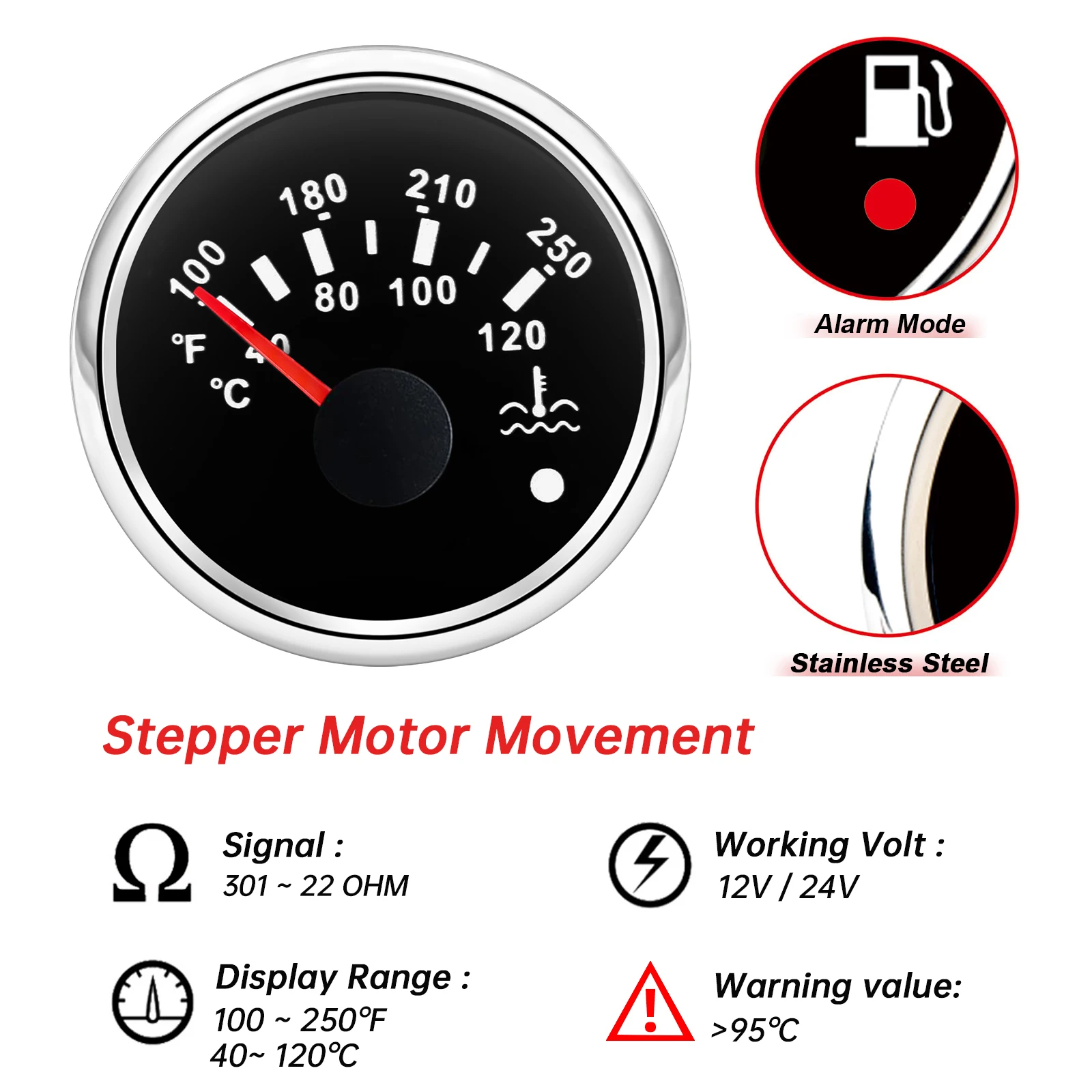 52mm Water Temp Gauge 40-120℃ 100-250℉ Water Temperature Meter With Alarm Light For Marine Boat Car Truck Temp Indicator