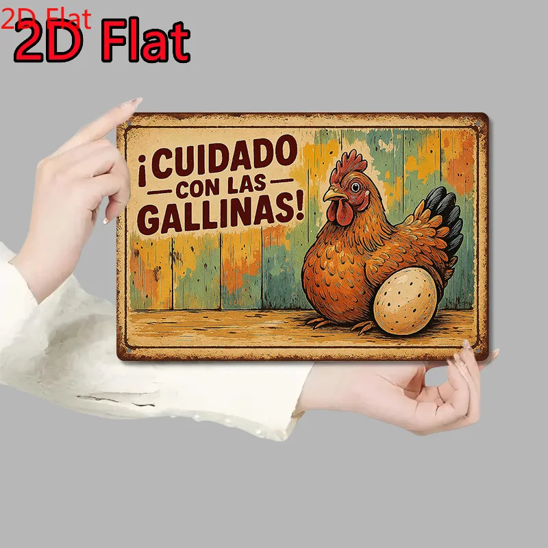 2D Flat Vintage Spanish Chicken Warning Iron Sheet Wall Art Farmhouse Hen & Egg Wall Decor, Rustic Country Outdoor Sign view 4