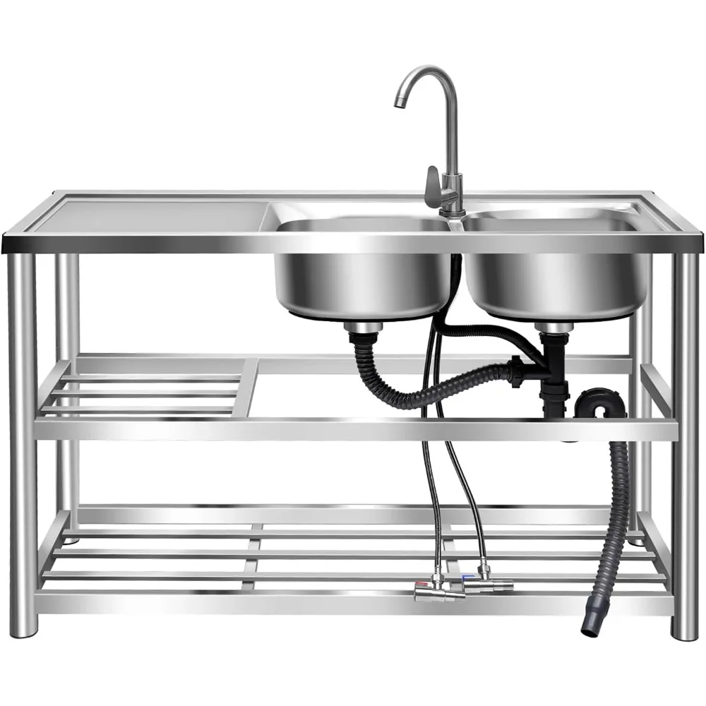 

47x17.5x31.5in Stainless Steel Utility Sink, Free Standing Double Bowl Kitchen Sink with Cold and Hot Water Pipe, Suit for Comme