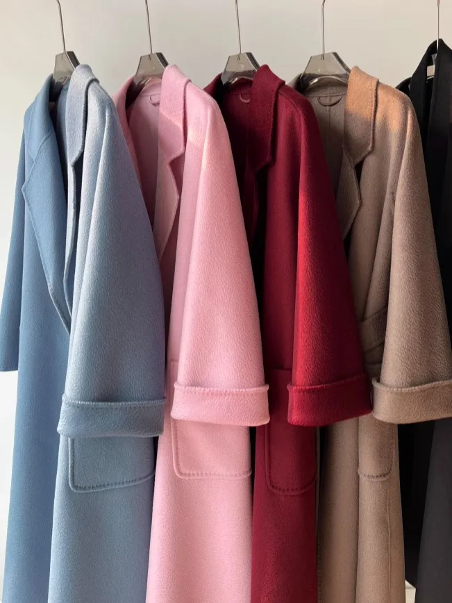 MAX New Colors !! Hand Sewn Double-sided Cashmere Water Ripple Long Lace Up Silhouette Wool Coat for Women Cashmere Coat Brand