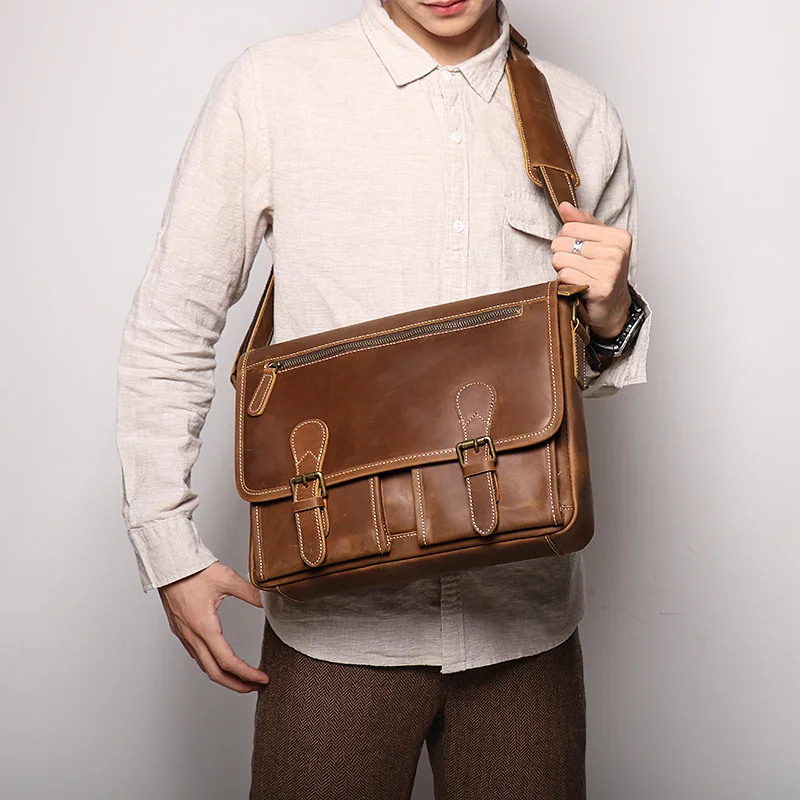 Large leather messenger bag for men real cowskin crossbody bags shoulder bags school bag of male for iPad PC big capacity