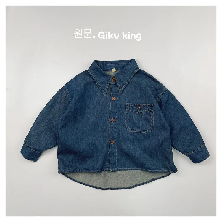 Korean Childrens Boys Denim Shirt 2025 Autumn New Long Sleeved Solid Pocket Loose Baby Boys Cardigan Top Kids Boys Jacket