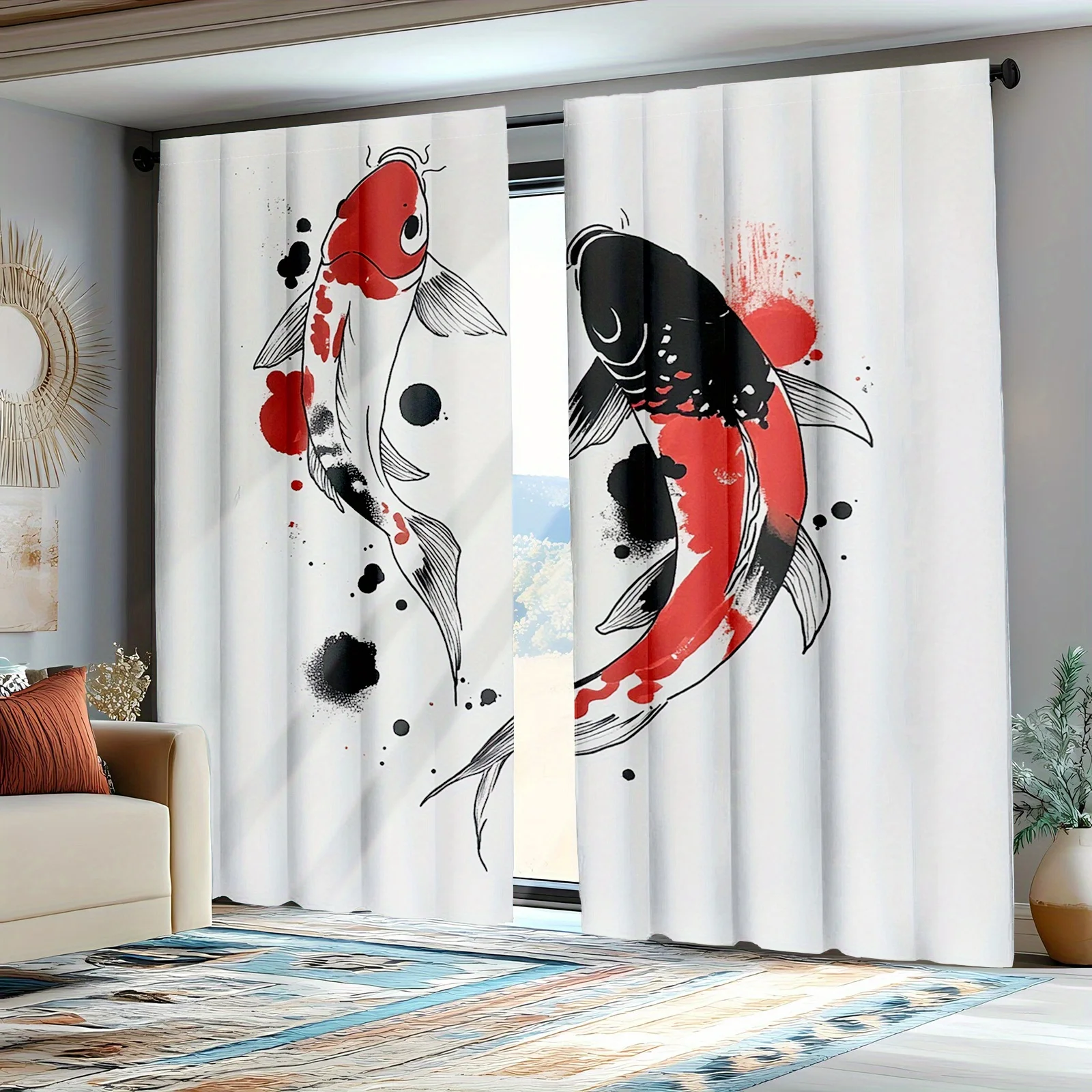 2pcs Decorative CurtainsJapanese Watercolor Curtains, Koi Fish and Underwater Digital Print Drapes