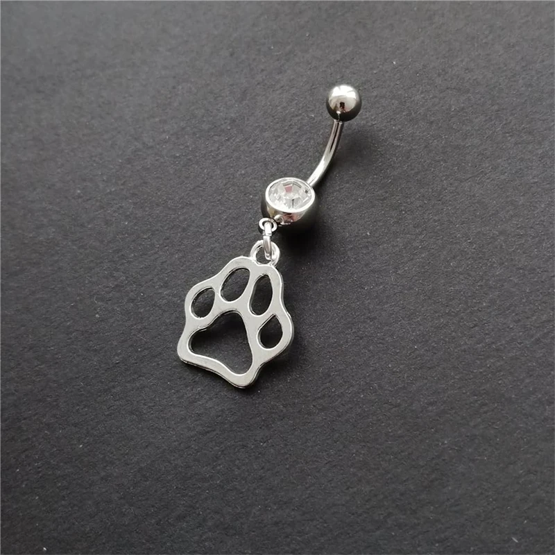 Cute Cat Paw Belly Button Ring, Surgical Stainless Steel 14G Navel Barbell Ring with Pendant, Paw Print Piercing Body Jewelry