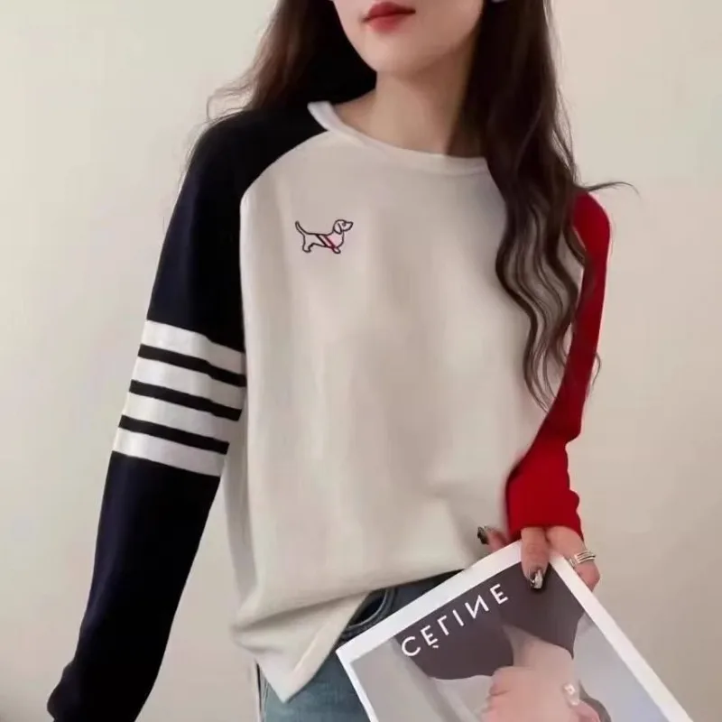 Sweet Women Color Blocked Raglan Sleeve Sweater Fashion American Loose College Pullover Cute Dog Embroidery Autumn Winter Tops